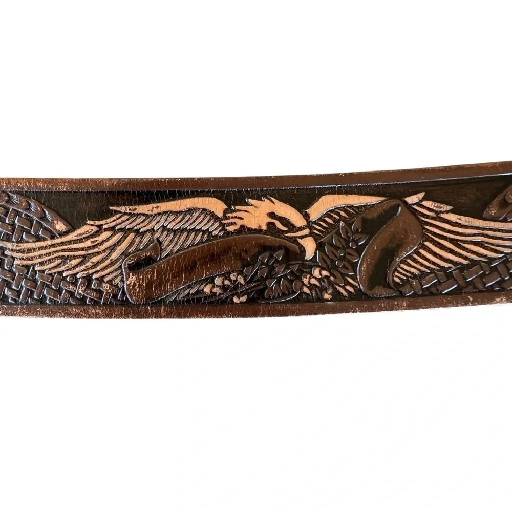 VTG Tooled Leather Western Eagle Belt Oval Silver Tone Buckle Mexico Size 44
